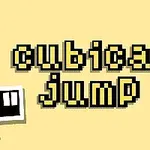 A képen sárga háttéren fekete és sárga színű, pixeles cubical jump felirat, valamint két fekete-fehér négyzet látható