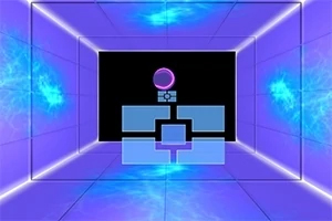 Lila és kék tónusú futurisztikus szoba, középen lebegő gömbbel és geometrikus alakzatokkal