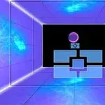 Lila és kék tónusú futurisztikus szoba, középen lebegő gömbbel és geometrikus alakzatokkal