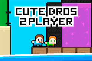 Két rajzfilmszerű figura áll egymás mellett egy pixeles, színes háttér előtt, a bal felső sarokban CUTE BROS 2 PLAYER felirattal