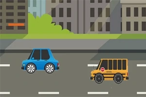 Két rajzfilm stílusú autó autópályán, háttérben épületekkel és fákkal