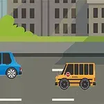 Két rajzfilm stílusú autó autópályán, háttérben épületekkel és fákkal