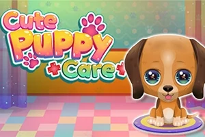 Cuki, nagy szemű kiskutya ül egy színes szobában, mellette Cute Puppy Care felirat