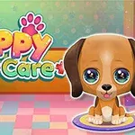 Cuki, nagy szemű kiskutya ül egy színes szobában, mellette Cute Puppy Care felirat