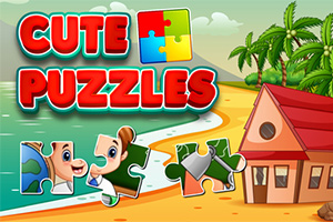 Színes Cute Puzzles felirat, puzzle darabokkal, tengerparti tájjal, pálmafákkal és piros tetejű házzal