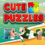 Színes Cute Puzzles felirat, puzzle darabokkal, tengerparti tájjal, pálmafákkal és piros tetejű házzal