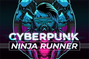 Cyberpunk stílusú illusztráció neonfényekkel és futurisztikus alak a Cyberpunk Ninja Runner szöveggel
