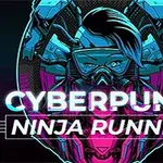 Cyberpunk stílusú illusztráció neonfényekkel és futurisztikus alak a Cyberpunk Ninja Runner szöveggel