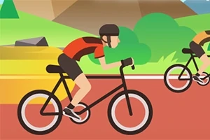 Két rajzolt kerékpáros színes sportrúhában biciklizik egy piros úton, háttérben zöld dombokkal és hegyekkel