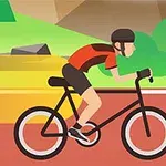 Két rajzolt kerékpáros színes sportrúhában biciklizik egy piros úton, háttérben zöld dombokkal és hegyekkel