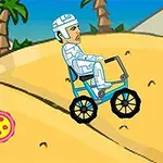 Egy rajzfilmszerű jelenet két kerékpáros figurával homokos tájon, az egyik bohóc, a másik pedig futurisztikus öltözetben van