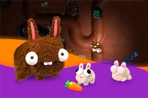 Bolyhos barna és fehér nyulak egy rajzfilmszerű környezetben színes háttérrel