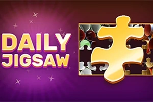 „Daily Jigsaw” felirat lila háttérrel és egy nagy, sárga puzzle-darabbal