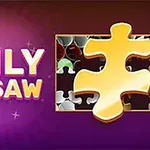 „Daily Jigsaw” felirat lila háttérrel és egy nagy, sárga puzzle-darabbal