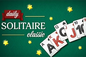 Zöld háttér előtt kártyalapok sora, köztük ász és tízes, valamint csillagok és daily solitaire classic szöveg