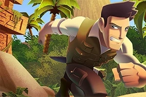 Egy rajzfilmszerű figura fut egy dzsungel háttér előtt, palmafák és ősi építmények közelében