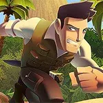 Egy rajzfilmszerű figura fut egy dzsungel háttér előtt, palmafák és ősi építmények közelében