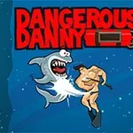 Egy muszkuláris férfi szigonynal harcol egy cápa ellen a víz alatt, a háttérben a Dangerous Danny felirat olvasható