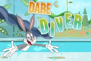 Egy rajzfilmfigura tárt karokkal kilóg egy medencéből, háttérben zöld táj, fölötte „Dare Diver” felirat