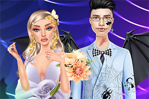 Elegáns menyasszony fehér ruhában virágcsokorral és vőlegény világoskék öltönyben csokornyakkendővel, lila háttér előtt