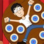 Egy rajzfilmfigurat ábrázoló kép, aki egy céltáblához van kötözve, körülötte kék és piros körökkel jelölt célpontok