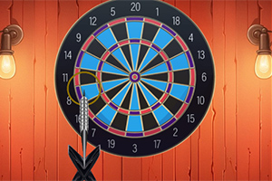 Darts-tábla egy falra szerelve két égő mellett, egy dart van a táblába szúrva