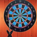 Darts-tábla egy falra szerelve két égő mellett, egy dart van a táblába szúrva