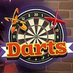 Darts tábla két színes nyíllal és a Darts szöveg egy tégla fal előtt