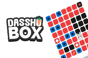 A Dassho Box logó és egy színes négyzetrács piros, fekete és kék ikonokkal, valamint egy nyusziszerű figura
