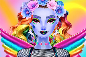 Kék bőrű, szivárványszínű hajú, virágkoszorús női portré színes szárnyakkal és élénk, fénylő háttérrel