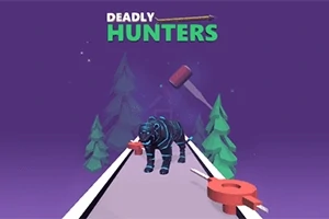 Egy fekete tigris halad előre egy keskeny úton lilás háttérrel és fenyőfákkal, miközben felette a Deadly Hunters felirat látható