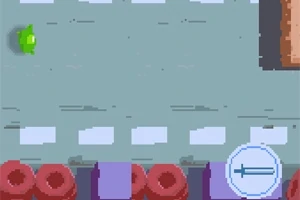 Színes pixeles játékképernyő zöld figura és különböző geometriai formák egy szürke úton