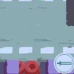 Színes pixeles játékképernyő zöld figura és különböző geometriai formák egy szürke úton