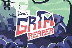 Rajzfilmszerű sírkert háttér, középen nagy betűkkel a Dear Grim Reaper felirat