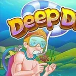 Búvárkodó férfi búvárfelszerelésben úszik a tenger alatti világ színes rajzfilm szerű ábrázolásában, háttérben a Deep Dive felirat