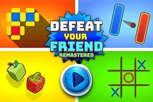Színes grafika különféle játékikonokkal, egy nagy Defeat Your Friend Remastered felirattal a közepén