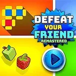 Színes grafika különféle játékikonokkal, egy nagy Defeat Your Friend Remastered felirattal a közepén