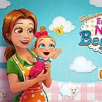Egy mosolygó nő tart egy boldog babát egy kék háttér előtt, amely felhőkkel és bárányokkal van díszítve