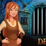Egy vörös hajú nő áll egy börtönkapu előtt, kőfallal és két szarvas fejjel díszítve, miközben „Escape Delora” felirat látható az alsó sarokban