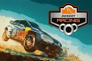 Egy kék versenyautó száguld a sivatagban, a háttérben a Desert Racing logó látható