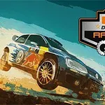 Egy kék versenyautó száguld a sivatagban, a háttérben a Desert Racing logó látható