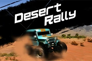 Egy kék terepjáró száguld a homokos sivatagban, miközben a háttérben hegyek láthatók, és a Desert Rally felirat jelenik meg felette