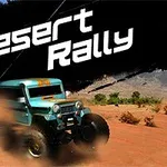 Egy kék terepjáró száguld a homokos sivatagban, miközben a háttérben hegyek láthatók, és a Desert Rally felirat jelenik meg felette