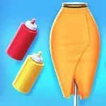 Egy narancssárga szoknya manökenen, amit körülvesznek színes festékszóró spray-k kék háttérrel