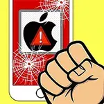 Ököllel összetört iPhone képernyő, amelyen egy piros figyelmeztető jel és egy Apple logó látható