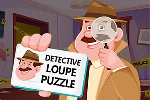 Egy rajzfilmfigura nyomozó nagyítót tart a kezében, miközben egy névjegykártyához hasonló táblát mutat a DETECTIVE LOUPE PUZZLE felirattal, háttérben rendőrségi figyelmeztető szalaggal
