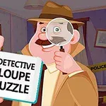 Egy rajzfilmfigura nyomozó nagyítót tart a kezében, miközben egy névjegykártyához hasonló táblát mutat a DETECTIVE LOUPE PUZZLE felirattal, háttérben rendőrségi figyelmeztető szalaggal
