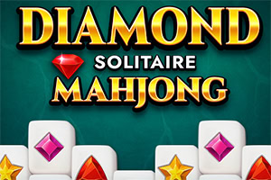Arany betűs Diamond Solitaire Mahjong felirat zöld háttéren, ékkövekkel díszített dominókkal az alján