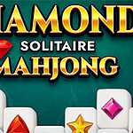Arany betűs Diamond Solitaire Mahjong felirat zöld háttéren, ékkövekkel díszített dominókkal az alján