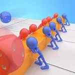 Kék és piros figurák egy narancssárga rúd mellett, miközben egy piros és egy kék dobókocka lebeg a levegőben